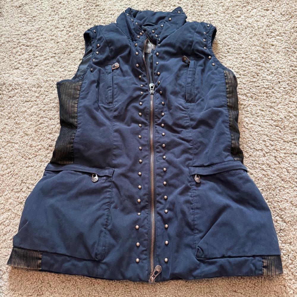 Spanner Womens Navy Blue Studded Utility Vest Size Small Moto Full Zip Pockets